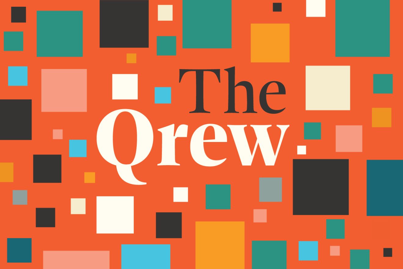 The Qrew logo surrounded by squares on an orange background