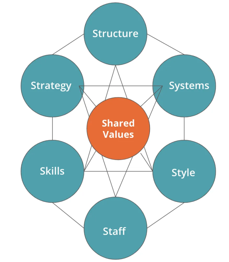 A diagram illustrating how seven organizational elements interact in the McKinsey 7S model
