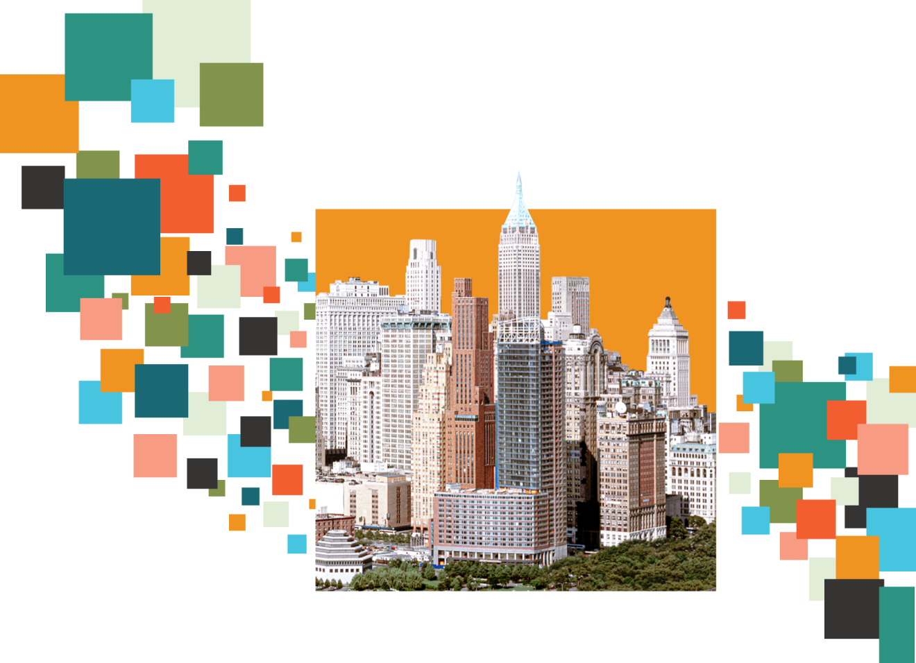 A cutout of a city is on an orange background with clusters of colorful squares on either side