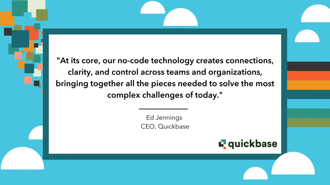 A quote by CEO Ed Jennings, surrounded by colorful squares and clouds