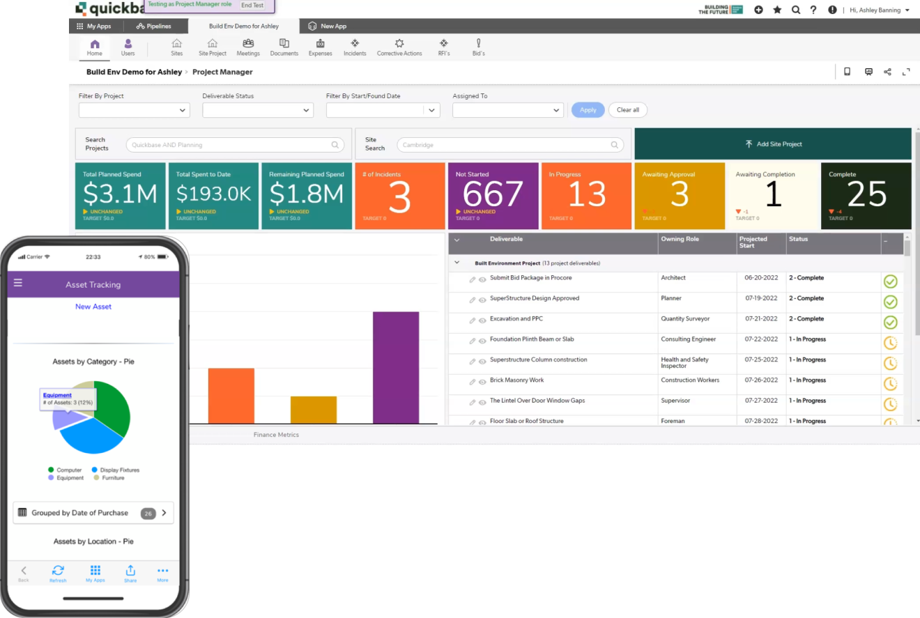 A mobile and desktop screenshot of a construction app in Quickbase