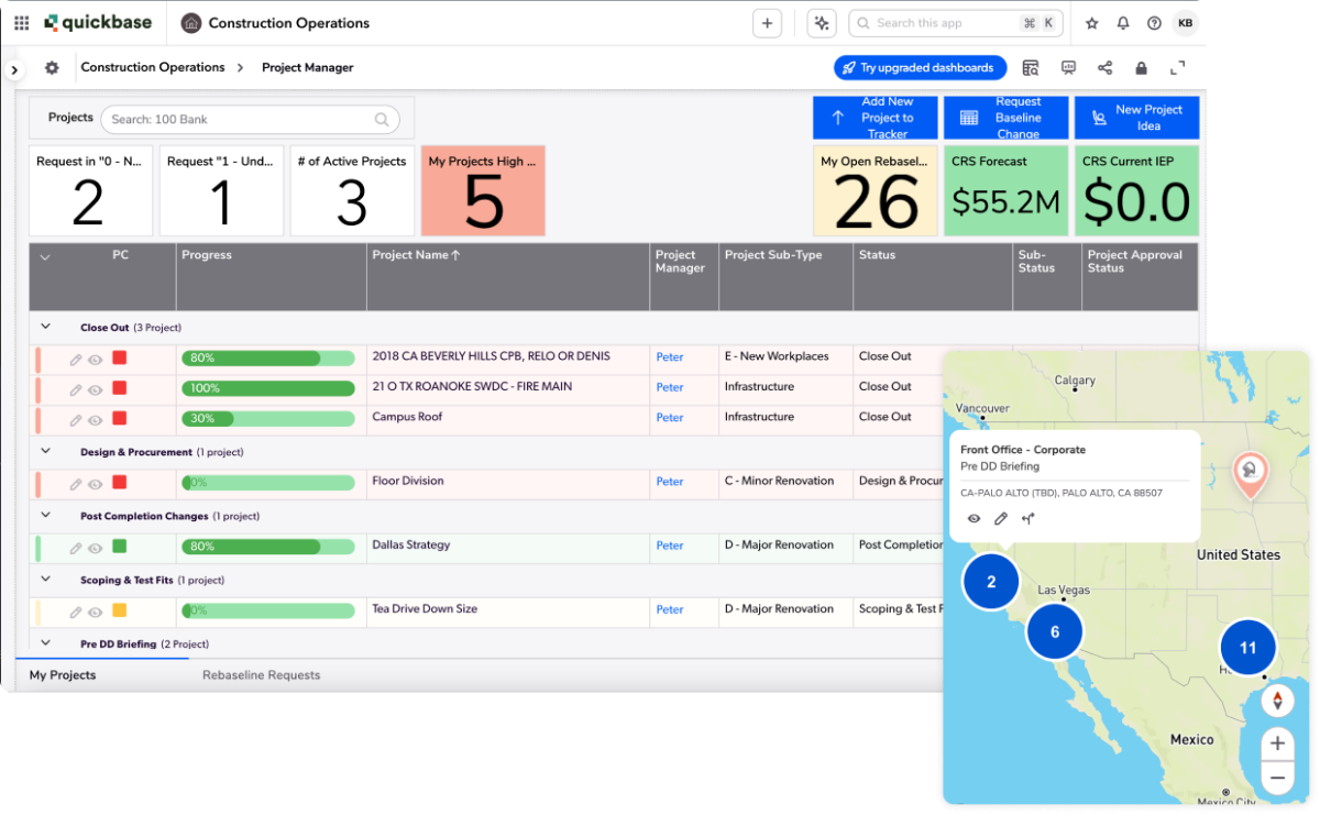 Screenshot of a Quickbase construction project management app