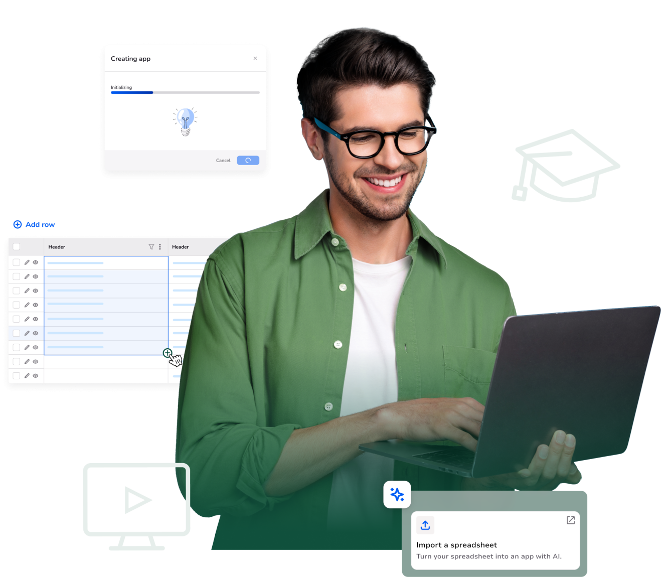 Еducation man layered product screenshots of table, create new app and import spreadsheet