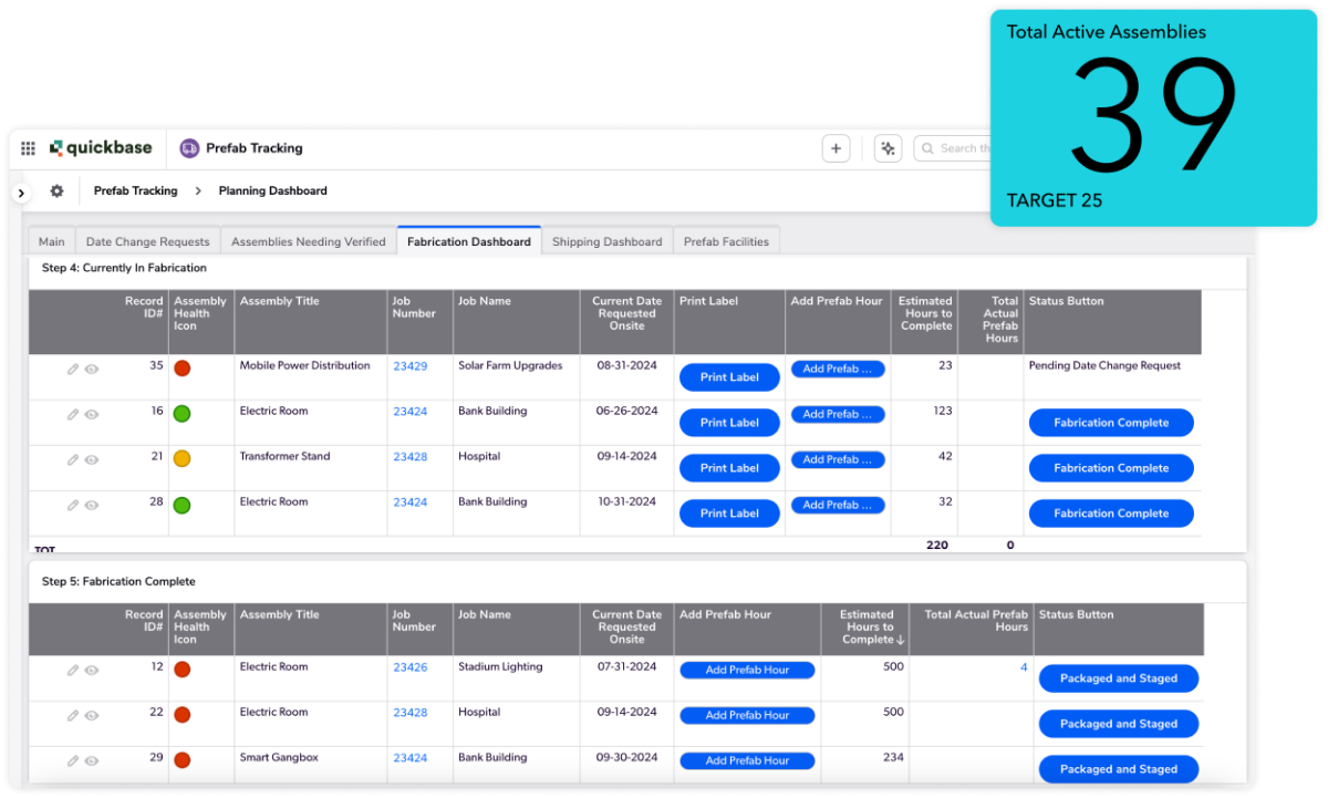 Prefab tracking dashboard and stats product screenshots layered