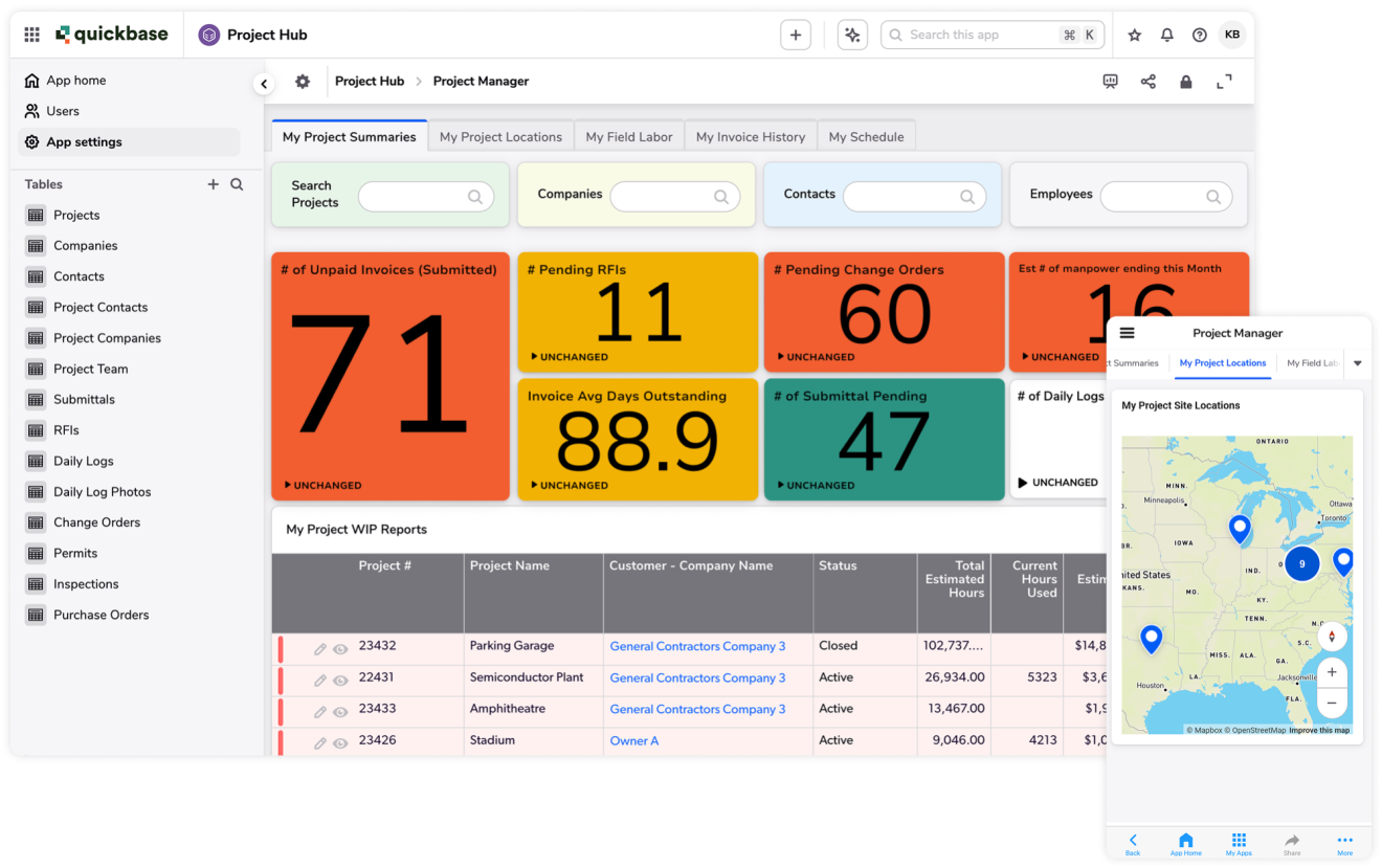 Project hub dashboard and mobile map layered product screenshots