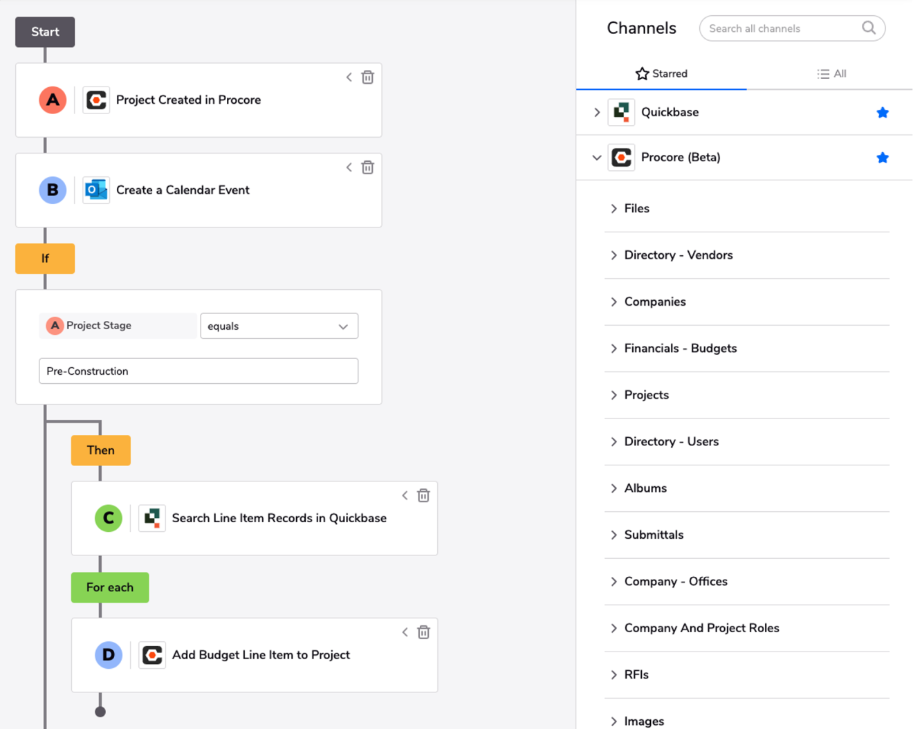 A Quickbase screenshot showing its use as a no code development platform for Procore