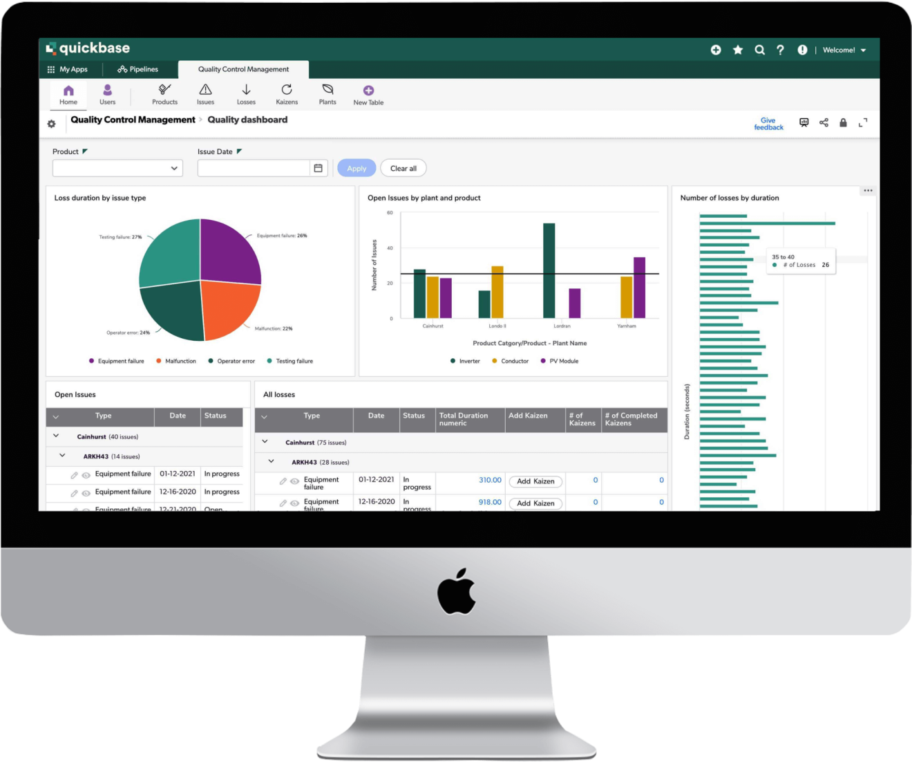 An image of a Quickbase dashboard on a desktop computer